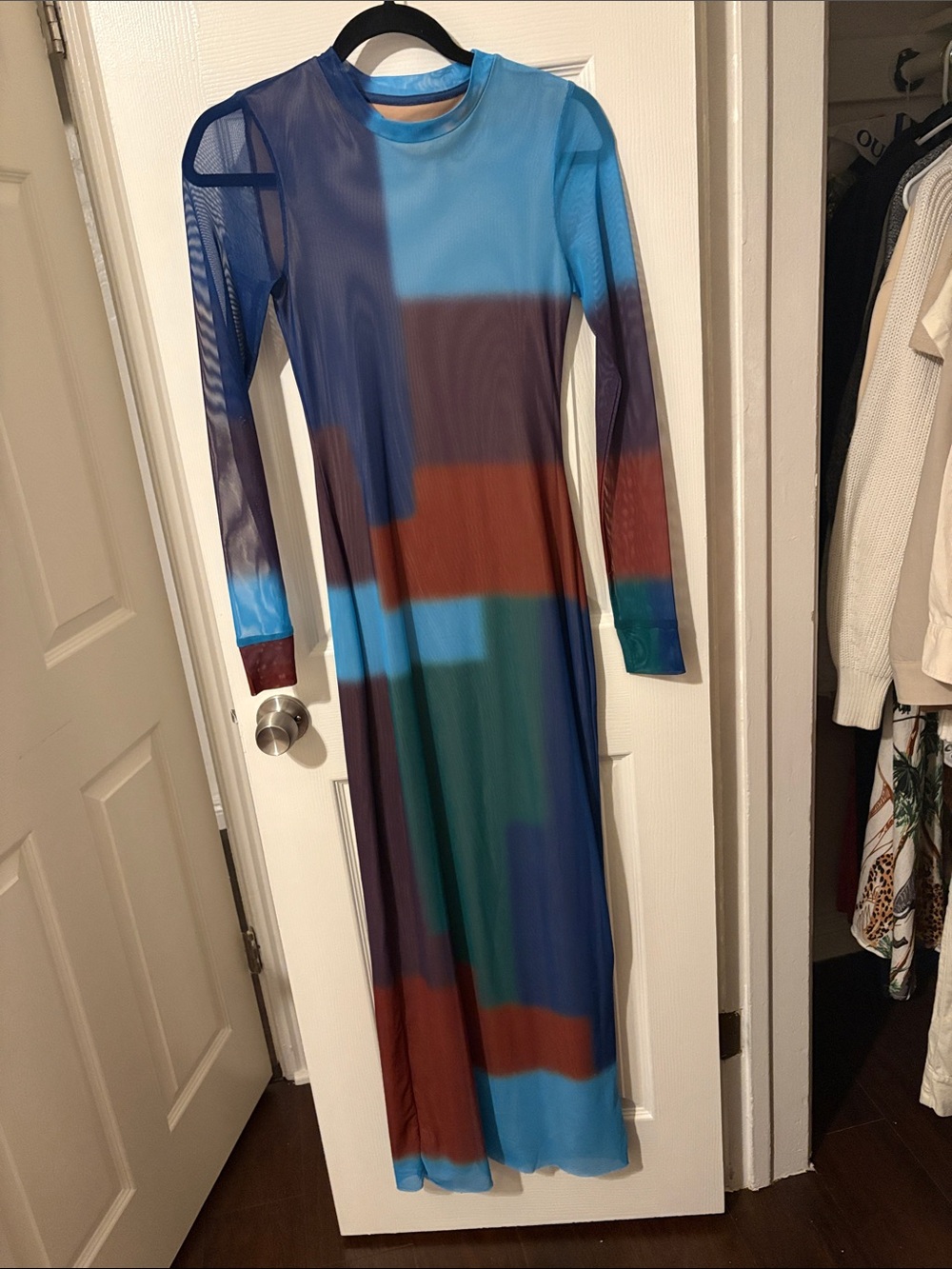 AFRM Long Sleeve Colorblock Mesh Maxi Dress - Blue, Brown, Green